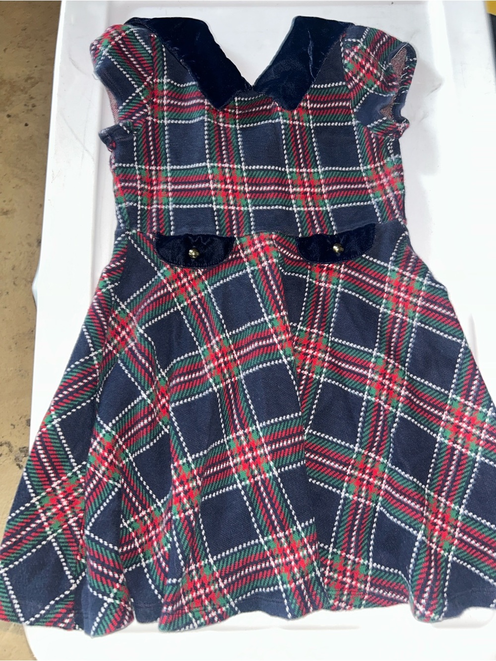 Janie and Jack Navy Red Green Plaid Velvet-Trim Fit & Flare Dress